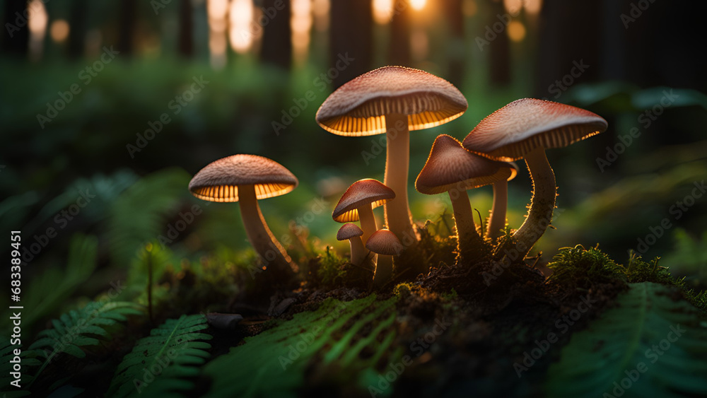 Closeup of a red mushroom in the forest at sunset. Closeup of a red mushroom in the forest at sunset.