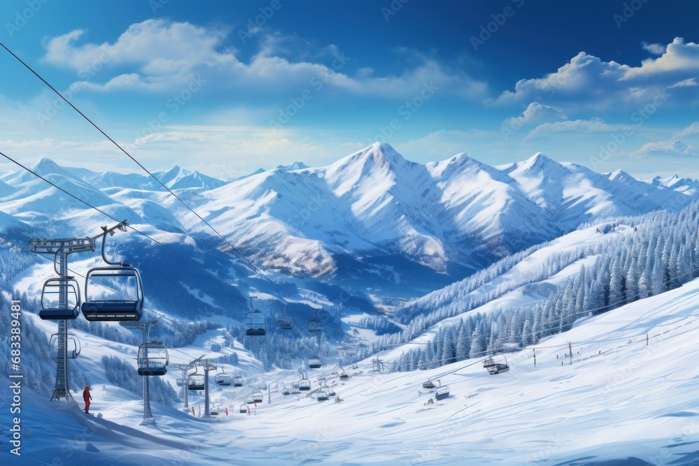 Panoramic view of a snowy mountain landscape with skiers and a ski lift.