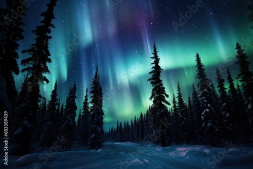 Night sky with a spectacular display of the Northern Lights (Aurora Borealis).