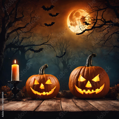 Eerie Halloween Night: Jack-o'-Lantern and Moonlit Forest