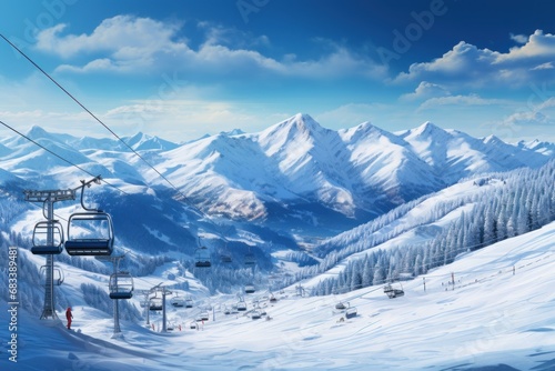 Panoramic view of a snowy mountain landscape with skiers and a ski lift. © Bijac