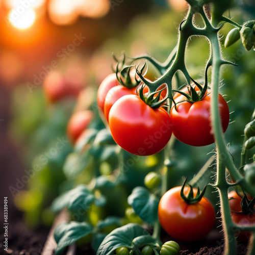 Close-up of a tomatoes on vine at sunset.