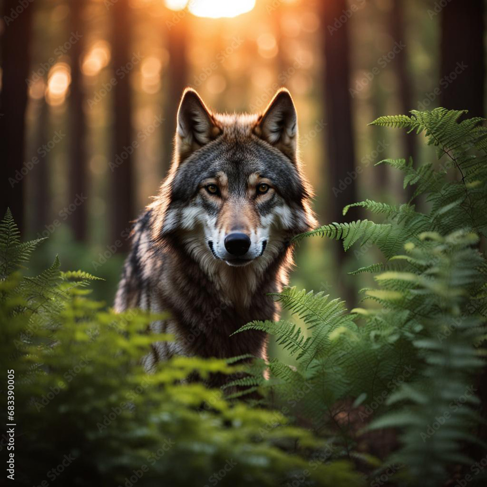 Portrait of a wolf among ferns in the forest at sunset. Portrait of a wolf among ferns in the forest at sunset.