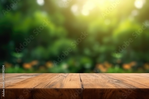 The empty wooden brown table top with blur background of a grean fild.