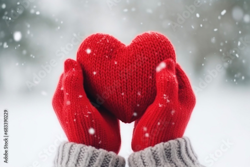 Knitted red heart in hands. Holiday gift. Winter comfort