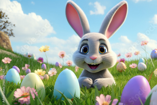 Cute Cartoon Spring Easter Bunny in a Field of Flowers and Easter Eggs