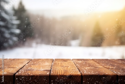 The empty wooden brown table top with blur background of snow.