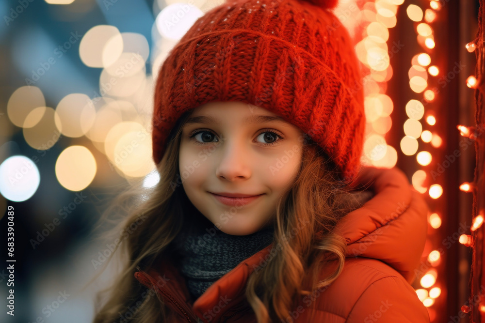 Girl in a red knitted hat on the street with festive New Year lights Girl in a red knitted hat on the street with festive New Year lights