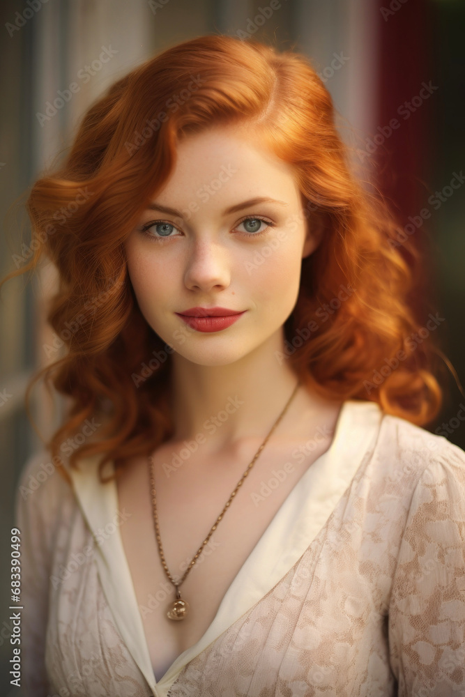Portrait of a red-haired old-fashioned girl in a vintage dress