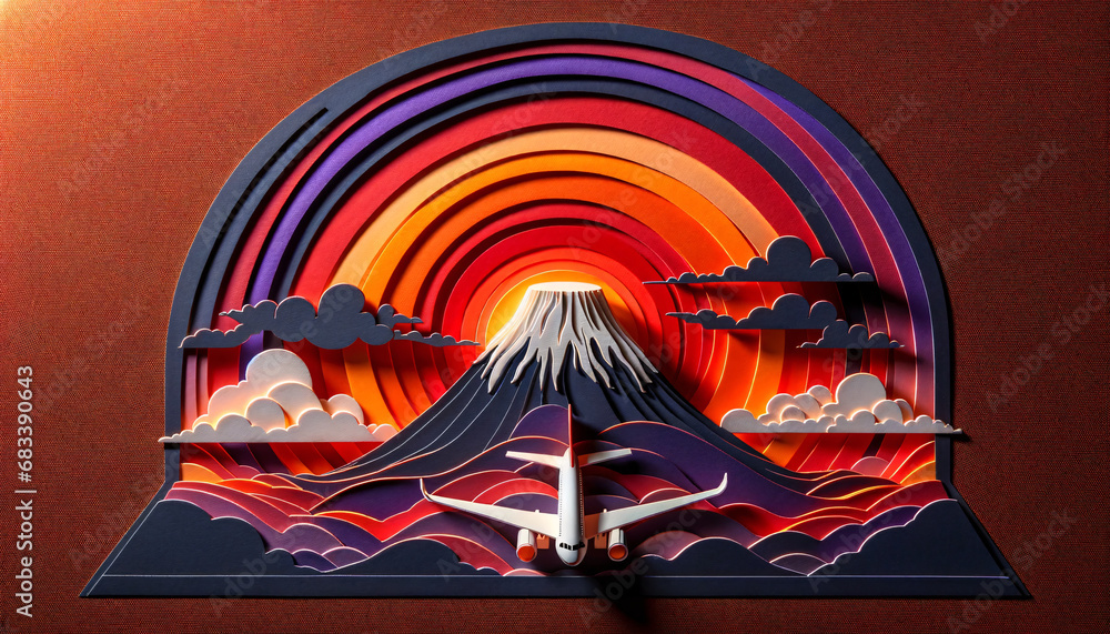 Mount Fuji Sunset with Plane Silhouette, Paper Craft Style