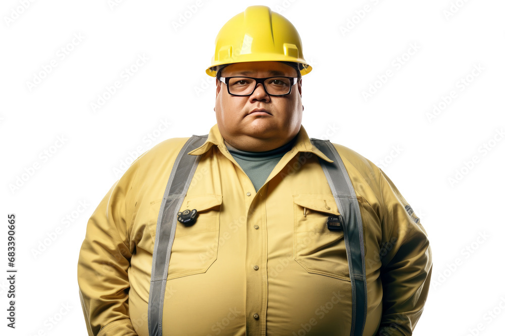 Portrait of construction worker Overweight man in engineer uniform on transparent background Portrait of construction worker Overweight man in engineer uniform on transparent background