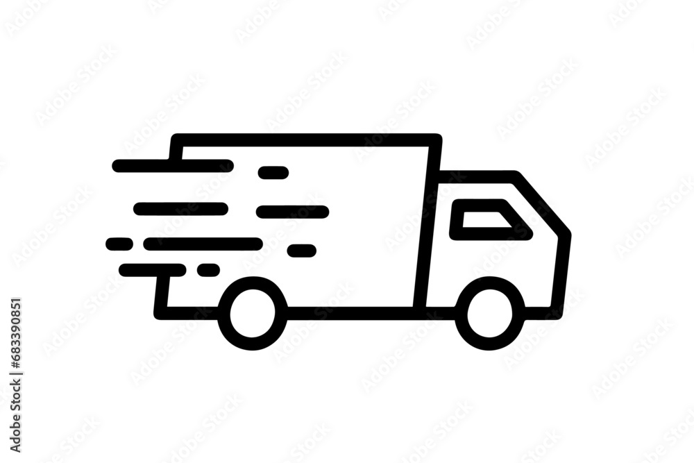 Fast moving shipping delivery truck icon. Line art icon. Icon for Transportation apps and websites. Vector illustration. Isolated on transparent background