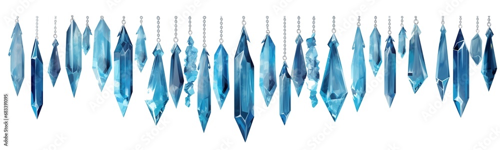 Beautiful garland of blue crystals hanging from a silver chain, magic pendulum decorative frieze, gems or melting snow, icicles or ice ornament, light dream-like chimes, wind and mineral music beauty - obrazy, fototapety, plakaty 
