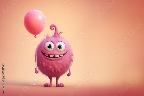 Cute funny pink monster holding a balloon, fun love and Valentine's day or birthday greeting card