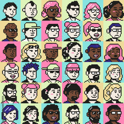 Pixel art portrait userpic icons. 8 bit people faces, young pixelated people avatars and retro game characters vector illustration set