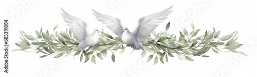 Beautiful peace and freedom symbol illustration, white doves and olive branches, harmony animal and nature design pattern, page decoration, purity and love concept drawing isolated on white background