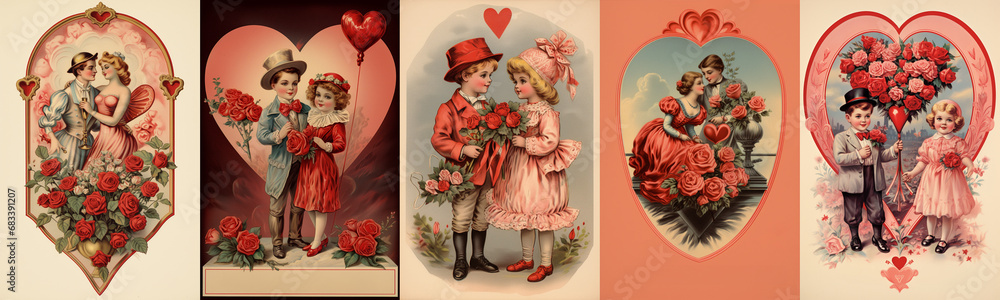 Set of vintage antique style Valentine's day greeting cards with cute lovers, children, red roses, balloons and hearts - obrazy, fototapety, plakaty 