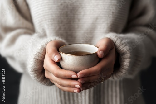 Woman in a white sweater cradling a coffee cup, close up on the hands, comercial photography