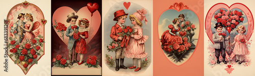 Set of vintage antique style Valentine's day greeting cards with cute lovers, children, red roses, balloons and hearts