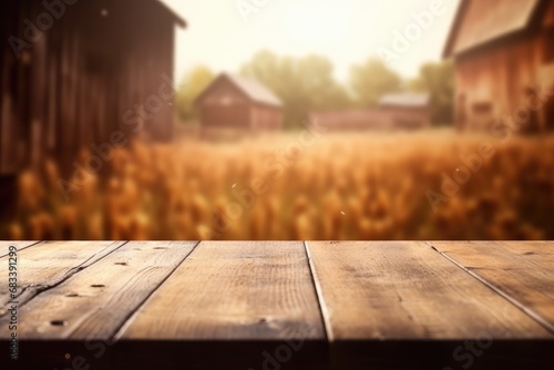 The empty wooden brown table top with blur background of farm and barn