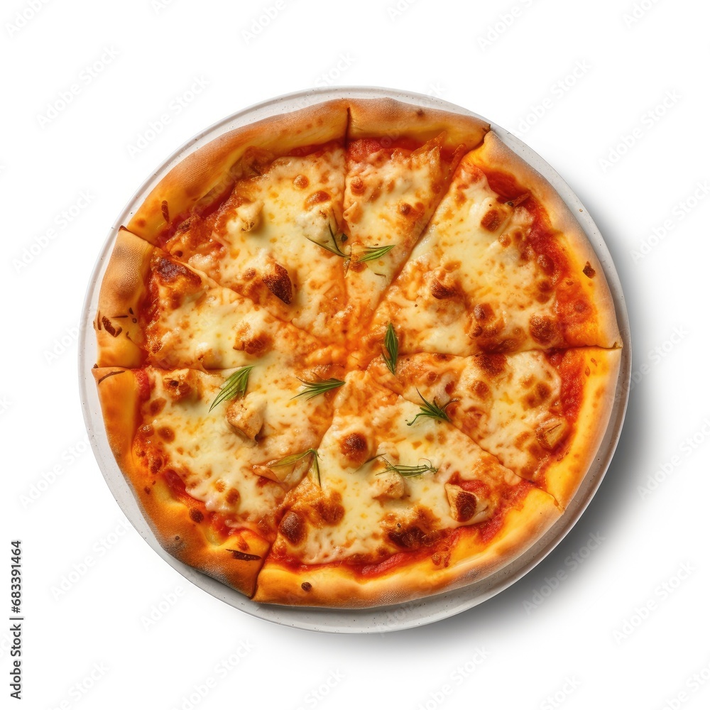 Top view margartia Pizza Isolated on a white Background