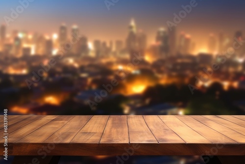 The empty wooden brown table top with blur background of a city