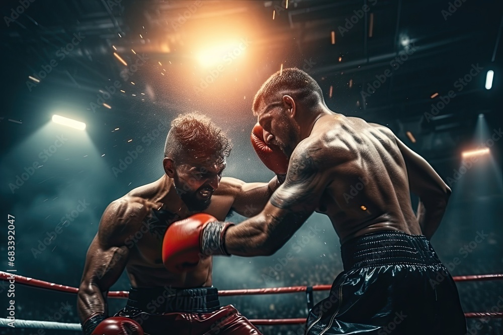 Dynamic fighter in intense boxing championship, showcasing skill, strength, and determination in a high-stakes and thrilling sports competition Dynamic fighter in intense boxing championship, showcasing skill, strength, and determination in a high-stakes and thrilling sports competition
