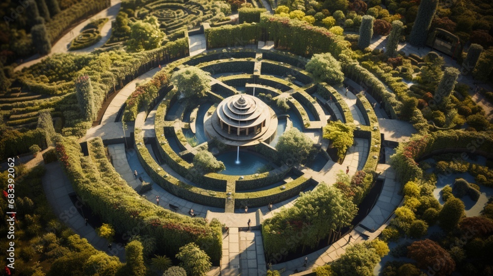 A bird's-eye view of a maze garden with spiral patterns, showcasing geometric beauty.