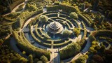 A bird's-eye view of a maze garden with spiral patterns, showcasing geometric beauty.