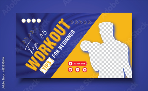 Gyms and fitness Youtube video thumbnail design for any kind of gym or yoga YouTube videos social media cover web banner thumbnail design template.
 photo