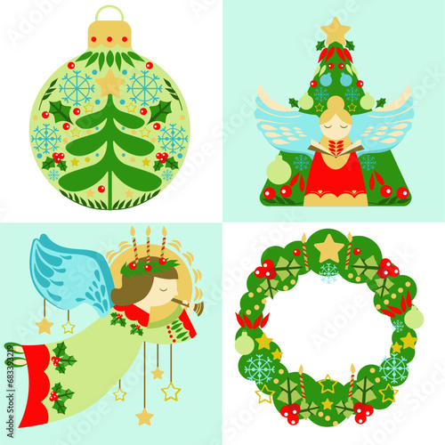 Christmas paraphernalia in ornament style Wreath with angel and Christmas tree.