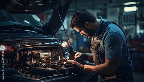 industrial repair shop, a diverse team of skilled professionals work hard to repair and maintain vehicles. photo