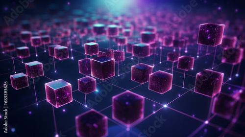Abstract, blockchain and online storage technology for data, security and network connection. Neon, glow and purple squares on black background illustration for matrix, metaverse and cyberspace photo