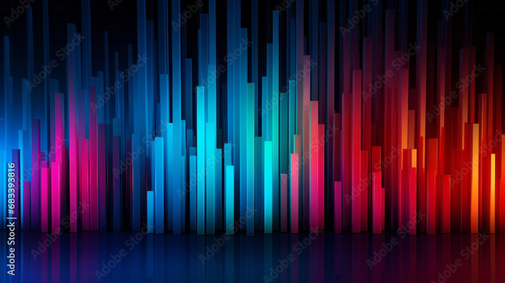 Graph, lines and chart on a black background for business, statistics and marketing analysis. Colourful, abstract and spectrum of neon graphic for data, forex trading and music rainbow pattern