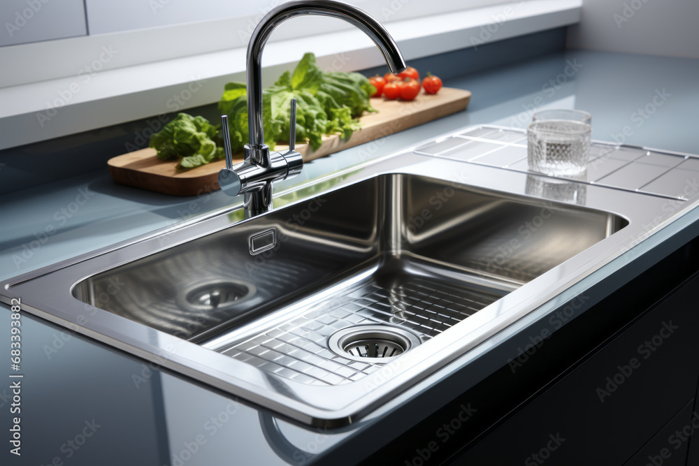 Stainless steel shiny perfectly clean sink for kitchen.generative ai Stainless steel shiny perfectly clean sink for kitchen.generative ai