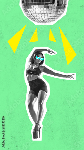 Flexible, muscular young woman dancing high heel dance against green background with disco ball. Contemporary art collage.