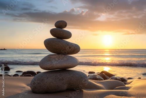 Pyramids of gray zen pebble meditation stones sea or ocean sand beach sunset or sunrise background. Concept of harmony, balance and meditation, spa, massage, relax.