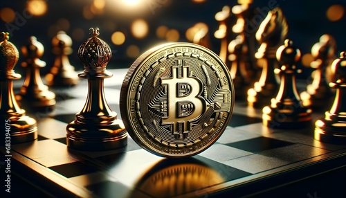 The image features a glossy golden Bitcoin coin prominently displayed in front of a set of elegantly crafted chess pieces on a chessboard, symbolizing the strategic nature of cryptocurrency investment photo