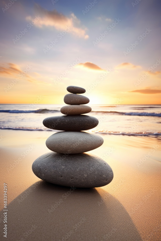 Pyramids of gray zen pebble meditation stones sea or ocean sand beach sunset or sunrise background. Concept of harmony, balance and meditation, spa, massage, relax. Pyramids of gray zen pebble meditation stones sea or ocean sand beach sunset or sunrise background. Concept of harmony, balance and meditation, spa, massage, relax.