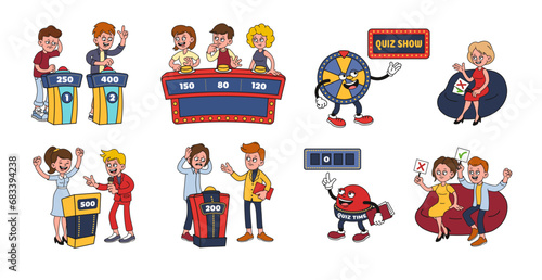 Cartoon quiz game show mascot. Erudite quiz time in style of 1930s rubber hose animation characters. Isolated vector illustration set