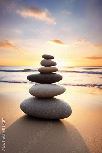 Pyramids of gray zen pebble meditation stones sea or ocean sand beach sunset or sunrise background. Concept of harmony  balance and meditation  spa  massage  relax.