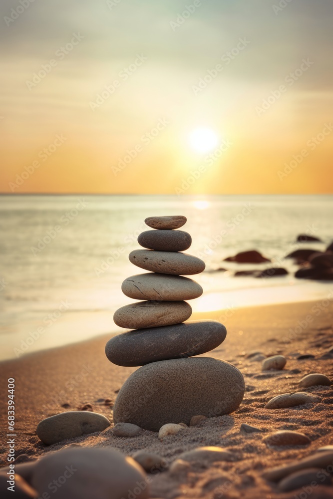 Pyramids of gray zen pebble meditation stones sea or ocean sand beach sunset or sunrise background. Concept of harmony, balance and meditation, spa, massage, relax. Pyramids of gray zen pebble meditation stones sea or ocean sand beach sunset or sunrise background. Concept of harmony, balance and meditation, spa, massage, relax.