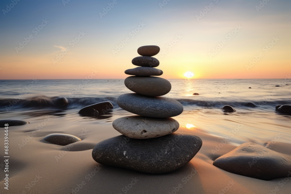 Pyramids of gray zen pebble meditation stones sea or ocean sand beach sunset or sunrise background. Concept of harmony, balance and meditation, spa, massage, relax. Pyramids of gray zen pebble meditation stones sea or ocean sand beach sunset or sunrise background. Concept of harmony, balance and meditation, spa, massage, relax.