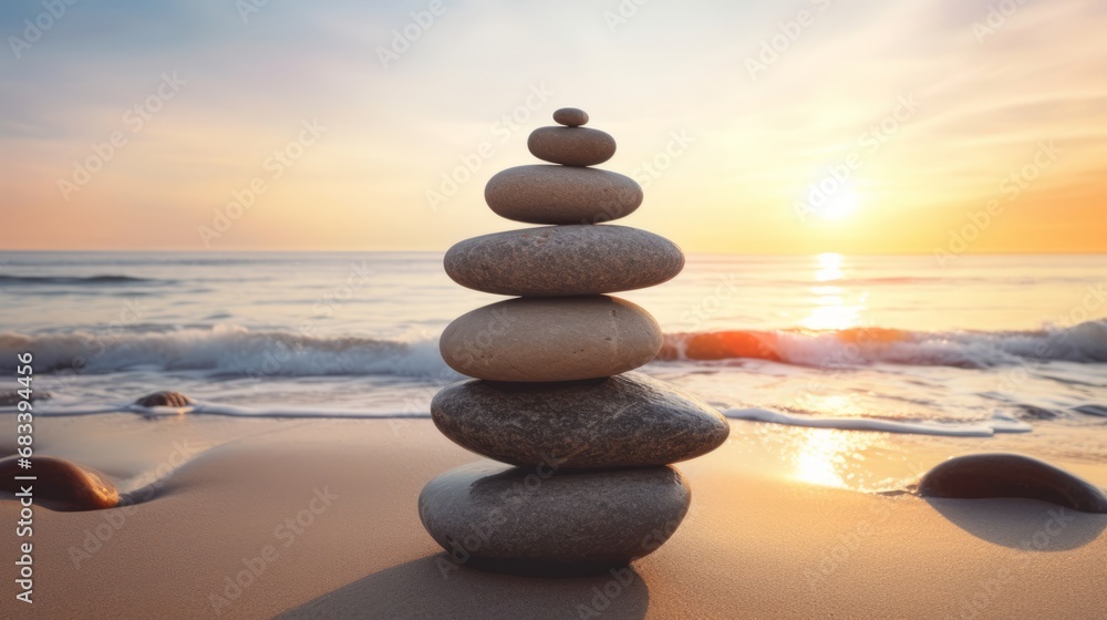 Pyramids of gray zen pebble meditation stones sea or ocean sand beach sunset or sunrise background. Concept of harmony, balance and meditation, spa, massage, relax. Pyramids of gray zen pebble meditation stones sea or ocean sand beach sunset or sunrise background. Concept of harmony, balance and meditation, spa, massage, relax.