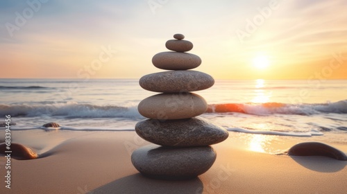 Pyramids of gray zen pebble meditation stones sea or ocean sand beach sunset or sunrise background. Concept of harmony, balance and meditation, spa, massage, relax. photo