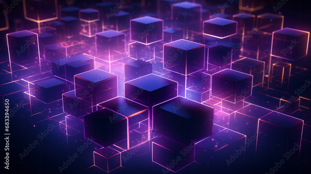 Abstract, blockchain and online storage technology for data, security and network connection. Neon, glow and purple squares on black background illustration for matrix, metaverse and cyberspace Abstract, blockchain and online storage technology for data, security and network connection. Neon, glow and purple squares on black background illustration for matrix, metaverse and cyberspace