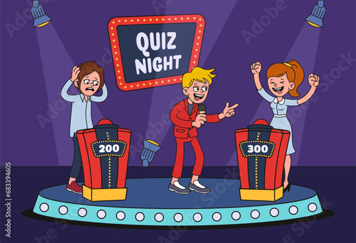 Cartoon TV quiz game. Erudite show host congratulates winner for right final question answer vector illustration