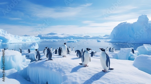 Group of penguins waddling across a vast, icy expanse, their fluffy bodies perfectly adapted to the harsh Antarctic climate.