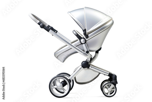 Baby stroller isolated on white background. Modern design of a baby stroller close-up photo
