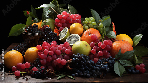 A Vibrant Array of Fresh Fruits and Vegetables on a Sleek Black Surface, Culinary Artistry Unveiled in a Tapestry of Nature's Palette